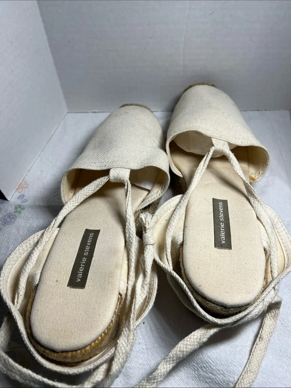 Valerie Stevens Cream Canvas Espadrille Wedge Sandals with Ankle Wraps